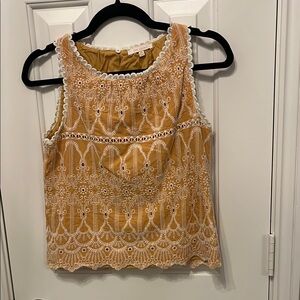 Skies Are Blue Tan and White Embellished Sleeveless Tank Top